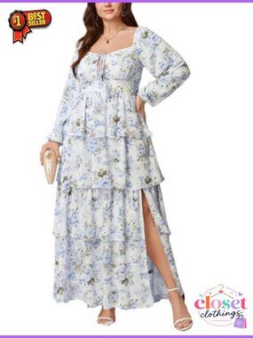 Plus Size Long Sleeve Floral Chiffon Semi Formal Maxi Dress